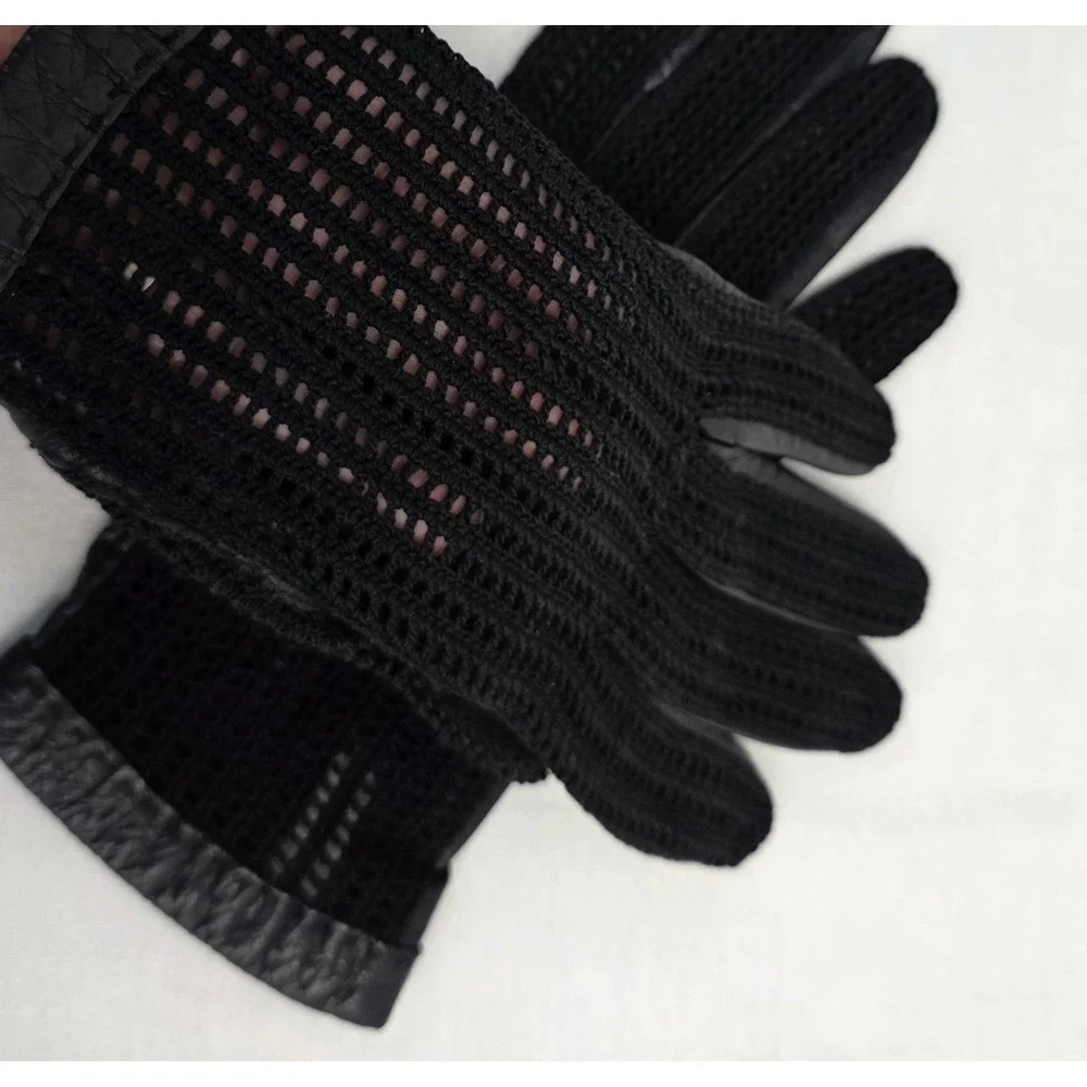 Vintage Style Black Crochet and Leather Driving Gloves Keyhole Back Mens Womens